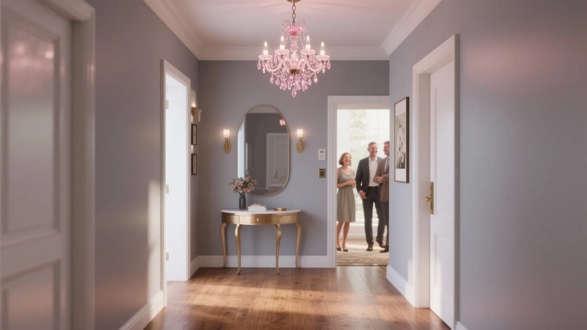 5. Statement pink chandelier in a tiny entry
