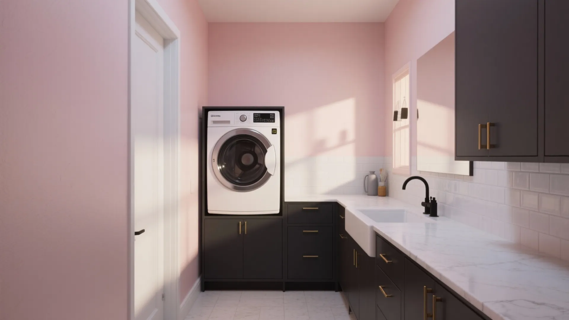 Modern laundry room featuring pink walls charcoal cabinets white washing machine and a marble countertop sink