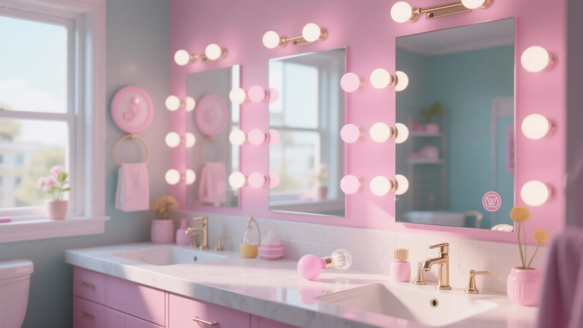 Bright pink bathroom featuring vanity mirrors with round lights, pink cabinets, and gold faucet fixtures