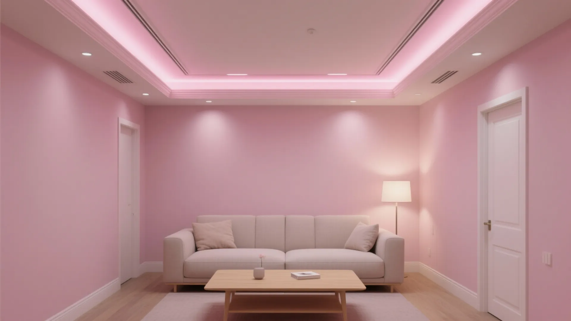 Pink living room with white sofa wooden coffee table floor lamp and pink hidden ceiling light
