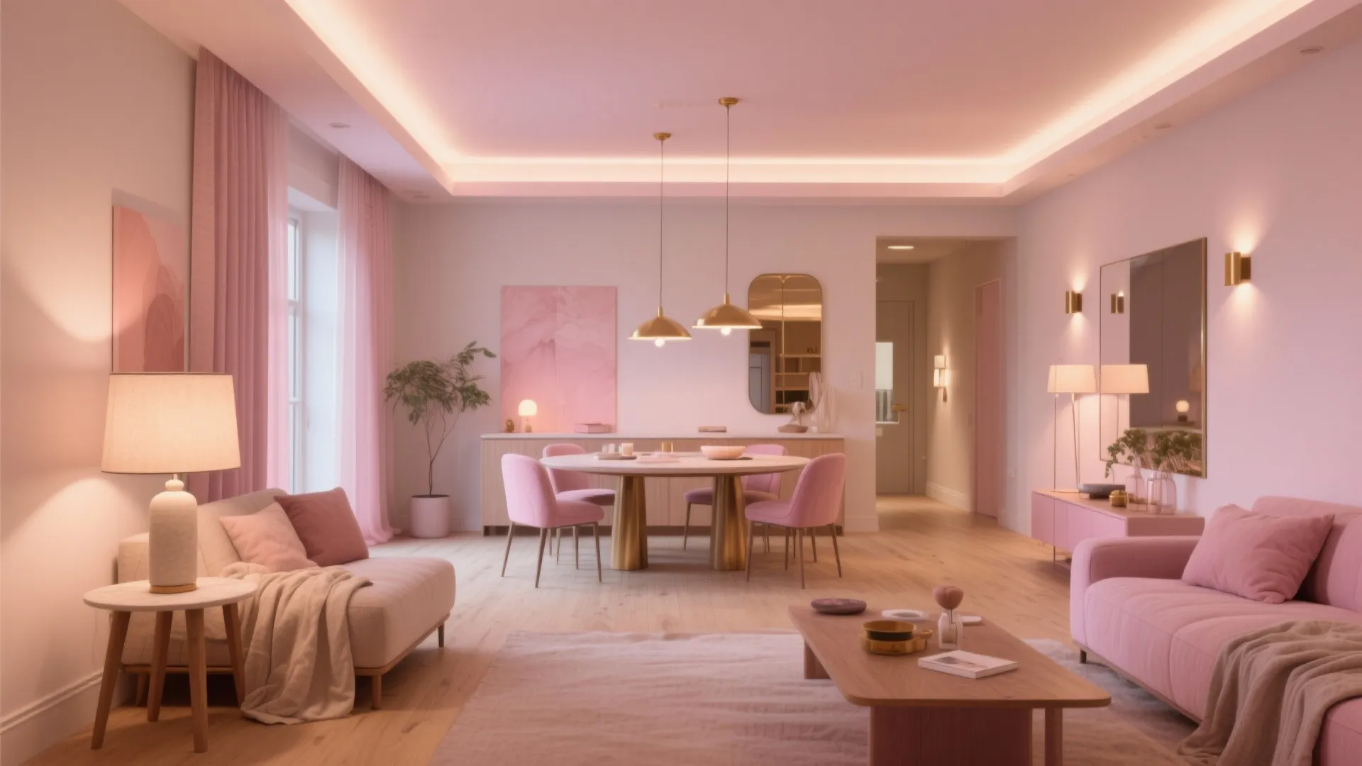 Modern open plan living and dining room with pink sofa pink chairs and warm lighting