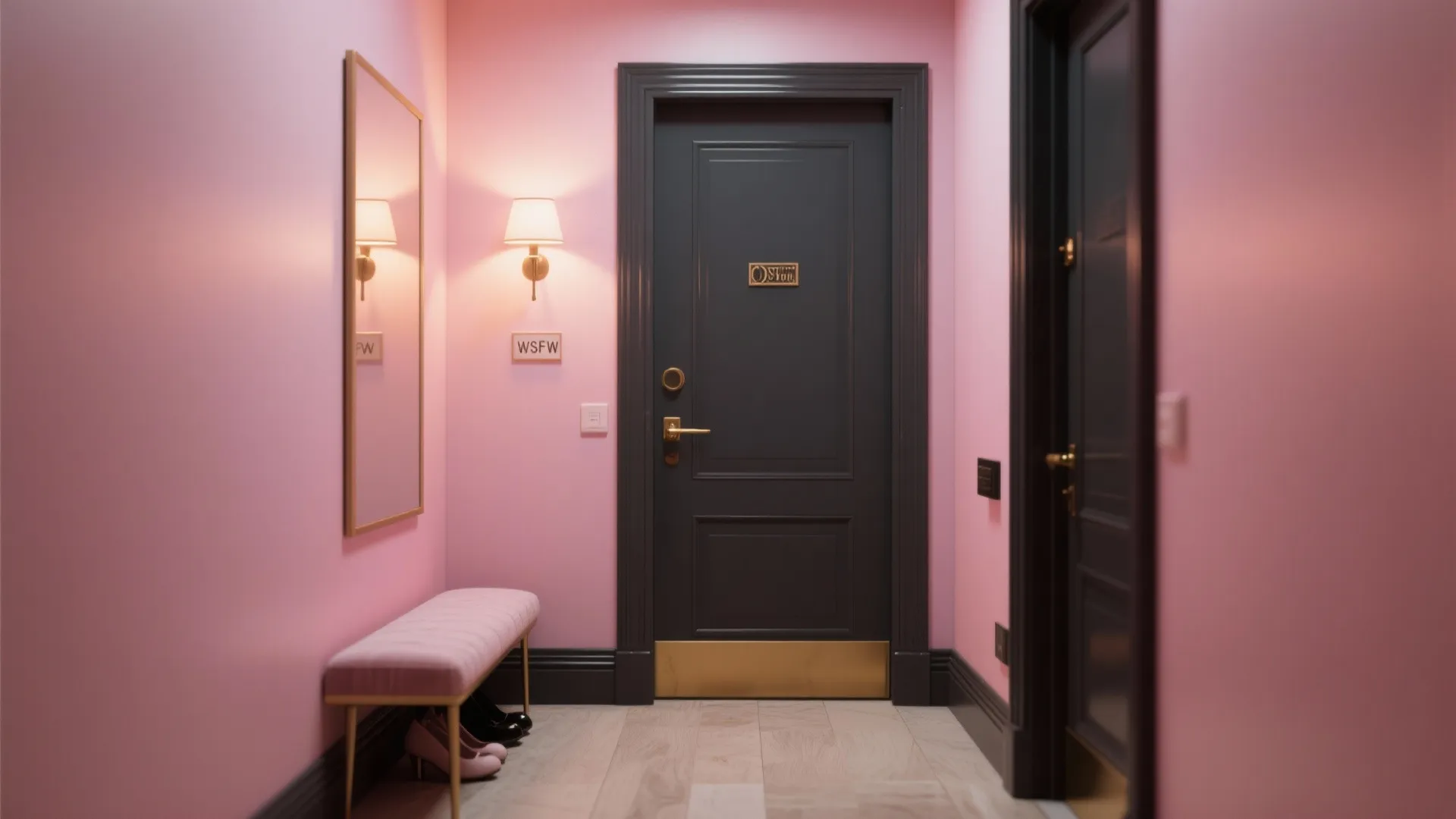 4. Pink Entryway with High-Contrast Trim