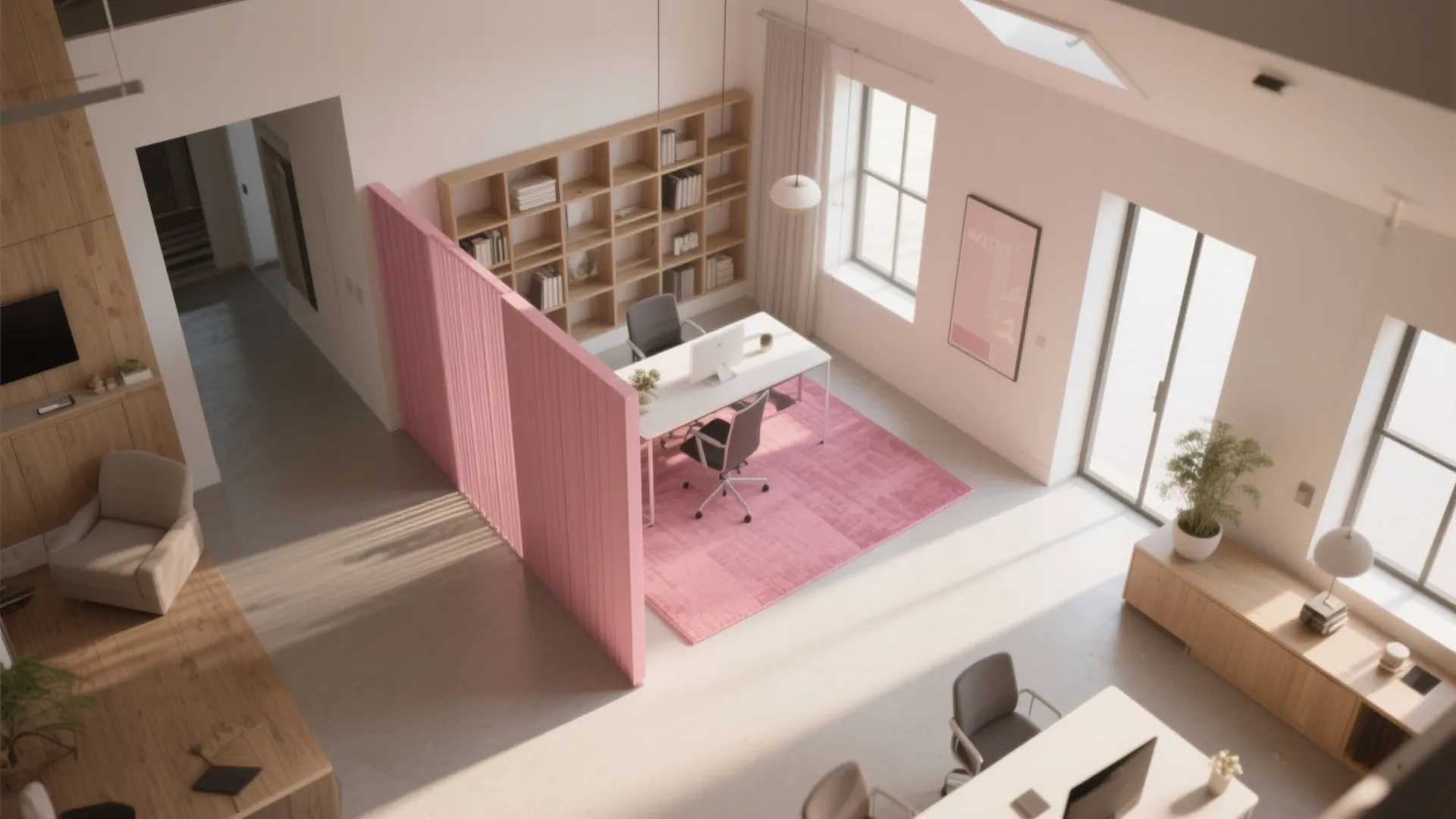 Modern office interior design drawing with pink room divider pink rug white desk and bookshelf