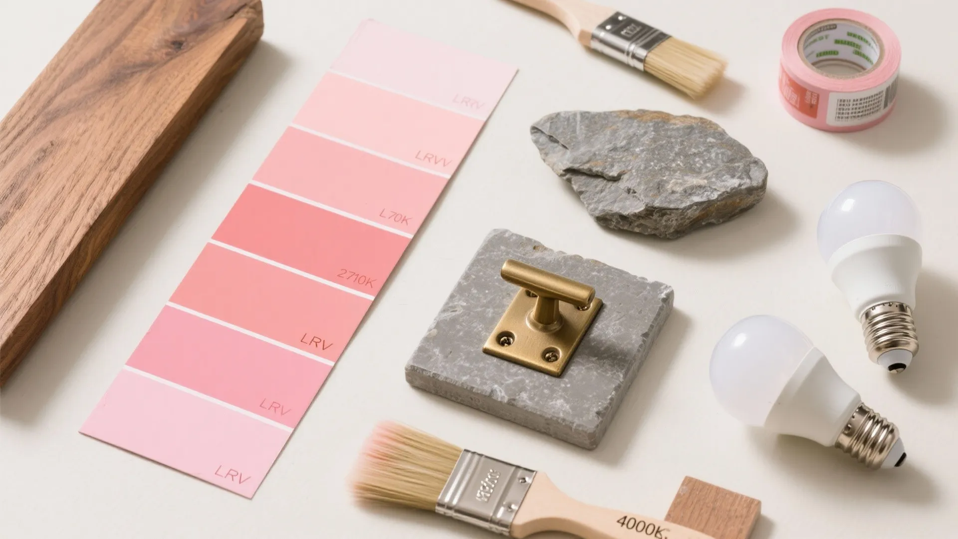 Pink paint color swatches with paintbrushes, light bulbs, wood piece, stone, and gold cabinet handle