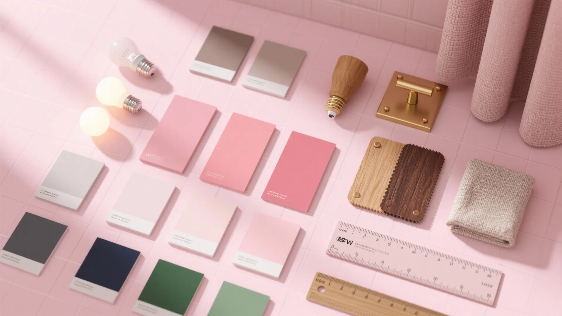Top down view of interior design mood board with pink color swatches and wood material samples