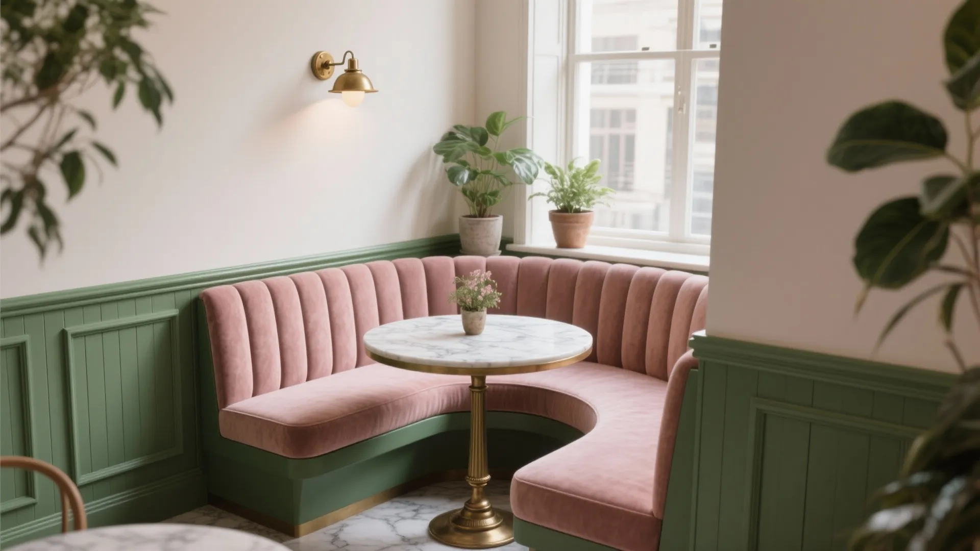 Pink curved sofa with marble table green wall panel gold wall light and potted plants