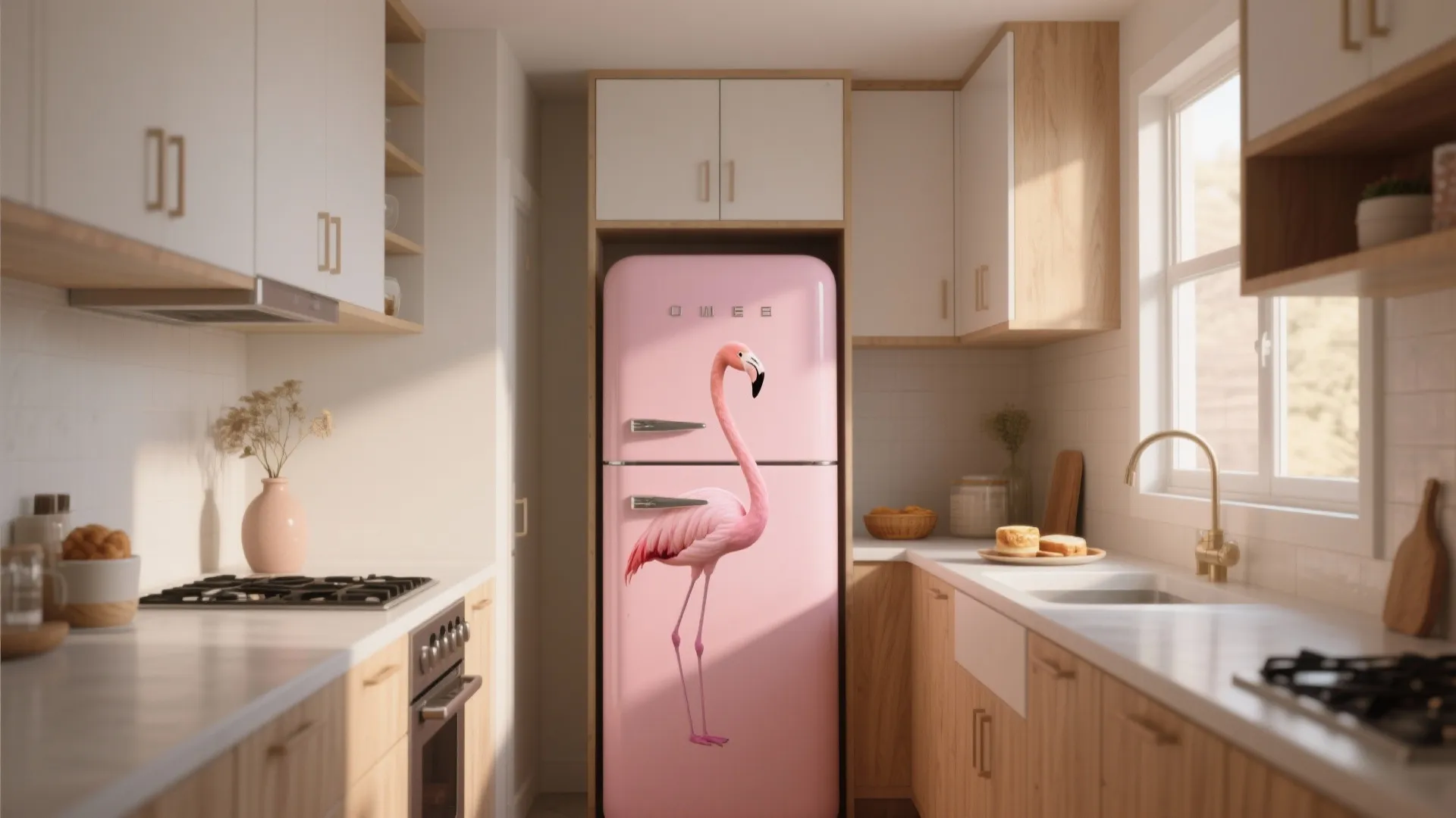 Bright kitchen with white cabinets and a pink retro fridge featuring a pink flamingo bird illustration