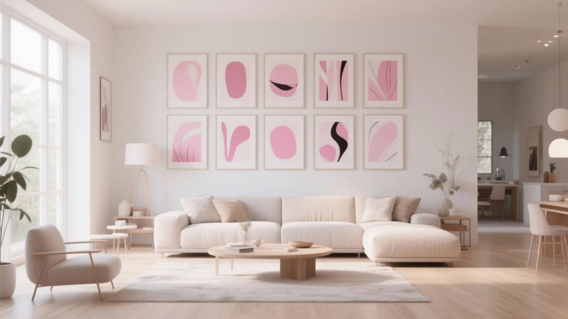 Modern white living room with pink gallery wall art above a beige sofa and rug