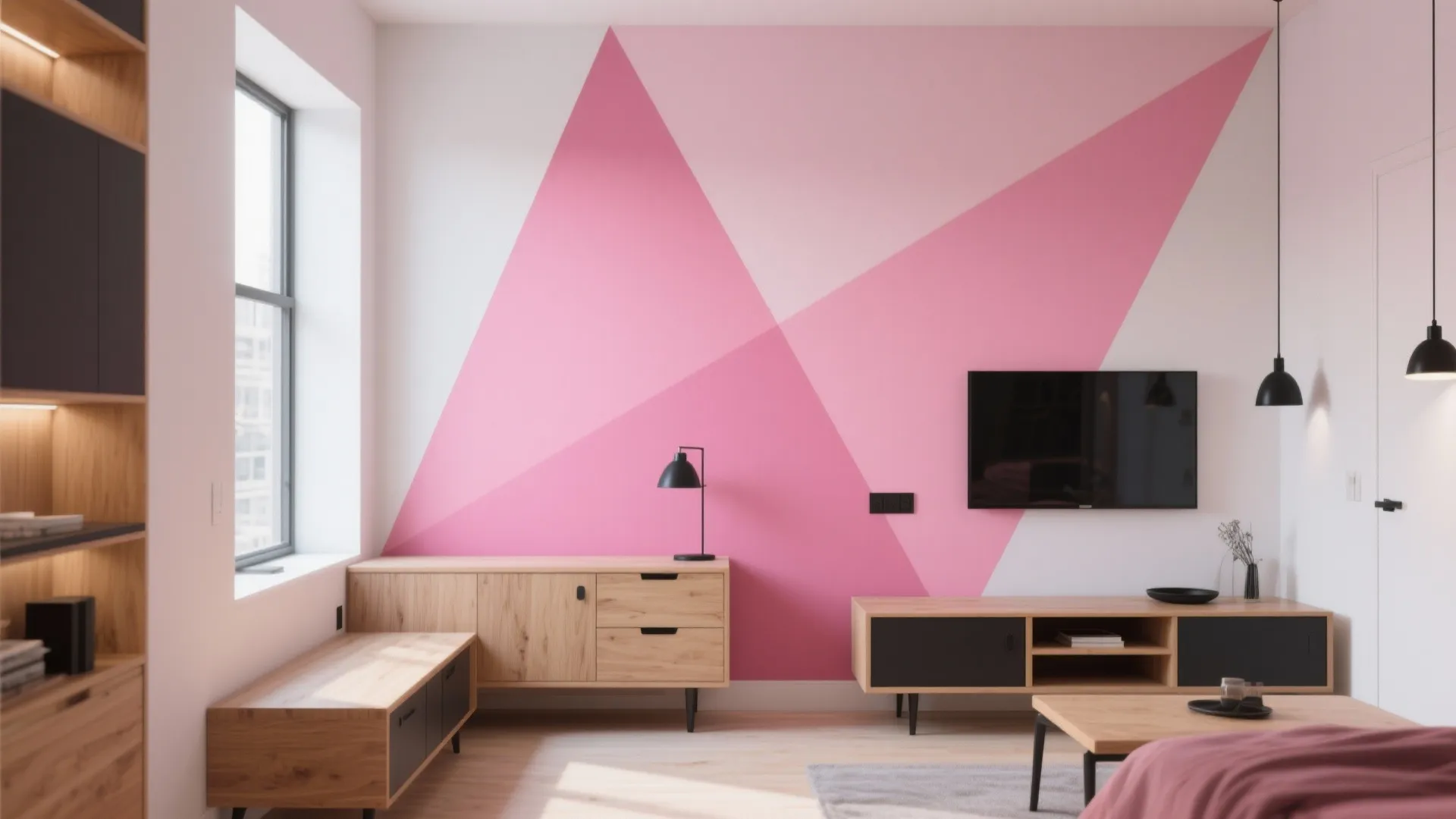 Living room with pink geometric wall mural wooden cabinet black tv and modern black light fixtures