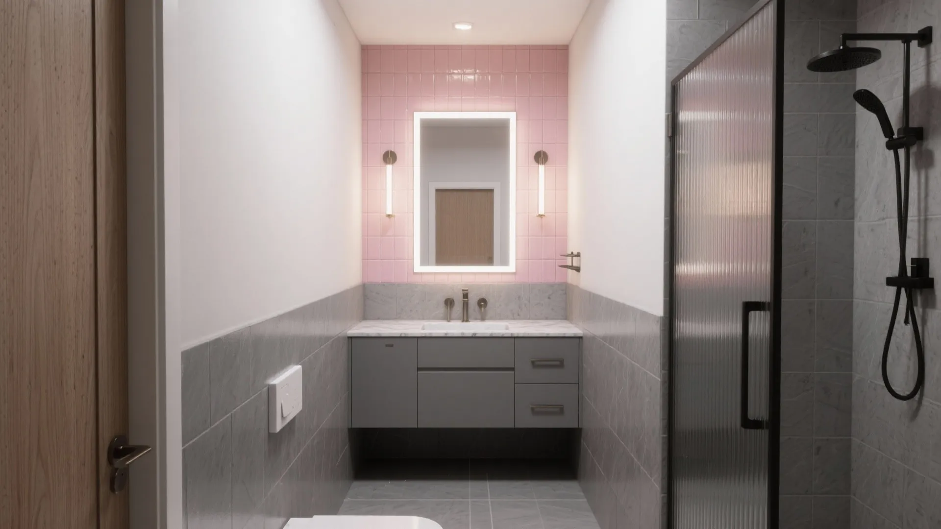 Modern narrow bathroom interior featuring pink wall tiles grey vanity and glass shower door partition