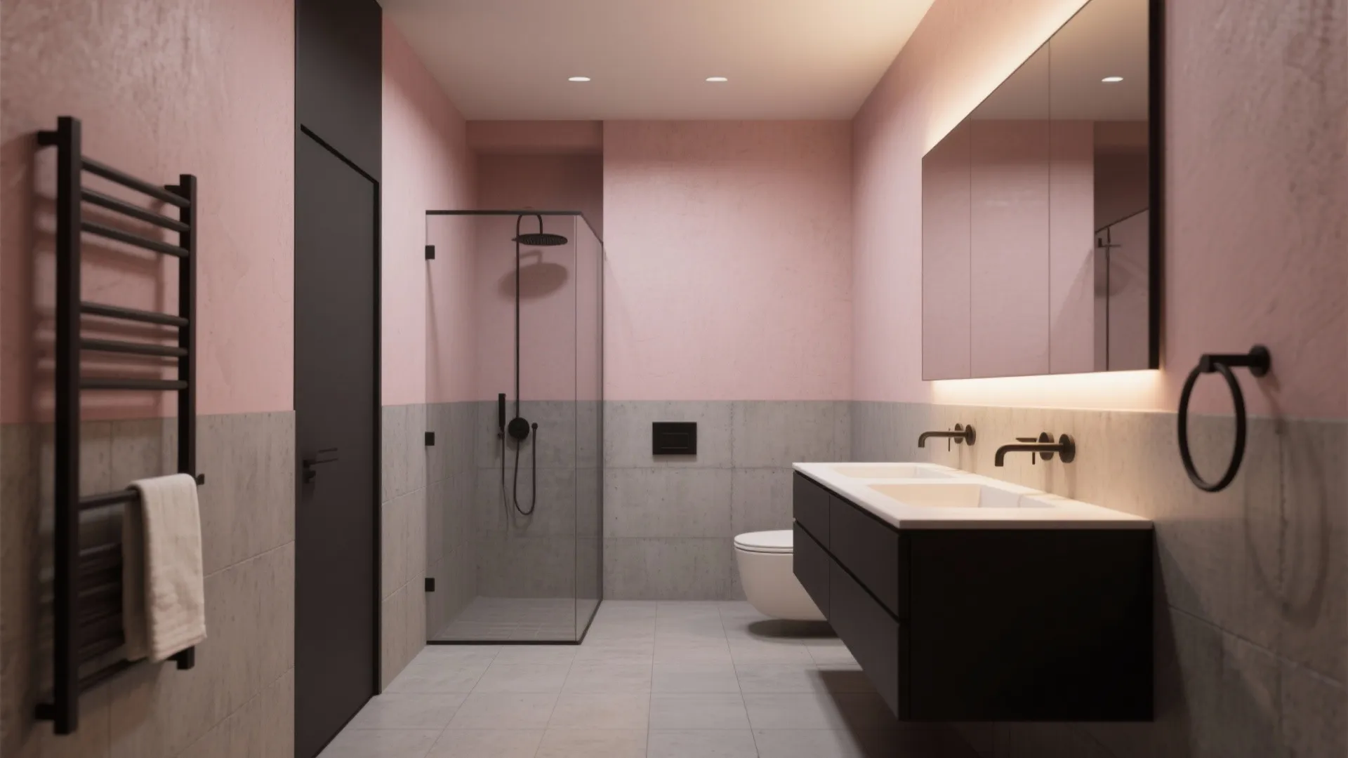 Modern bathroom with dusty pink walls, warm gray concrete-look tiles and matte black hardware