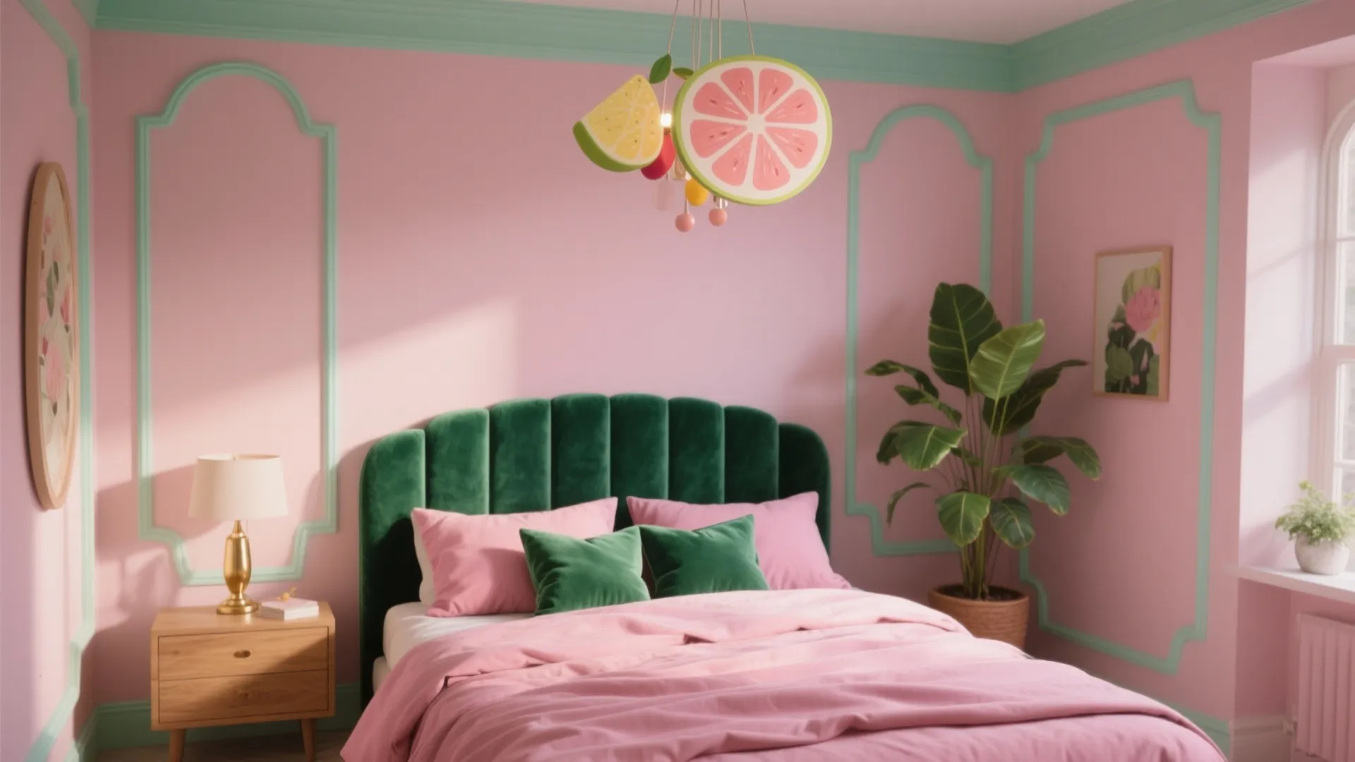 Pink bedroom with green bed headboard and fruit themed ceiling light plus mint wall panel