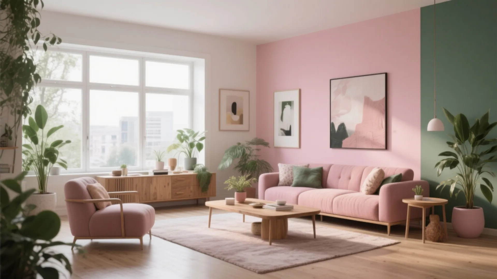 Modern living room with pink sofa green wall wooden cabinet indoor plants and large windows