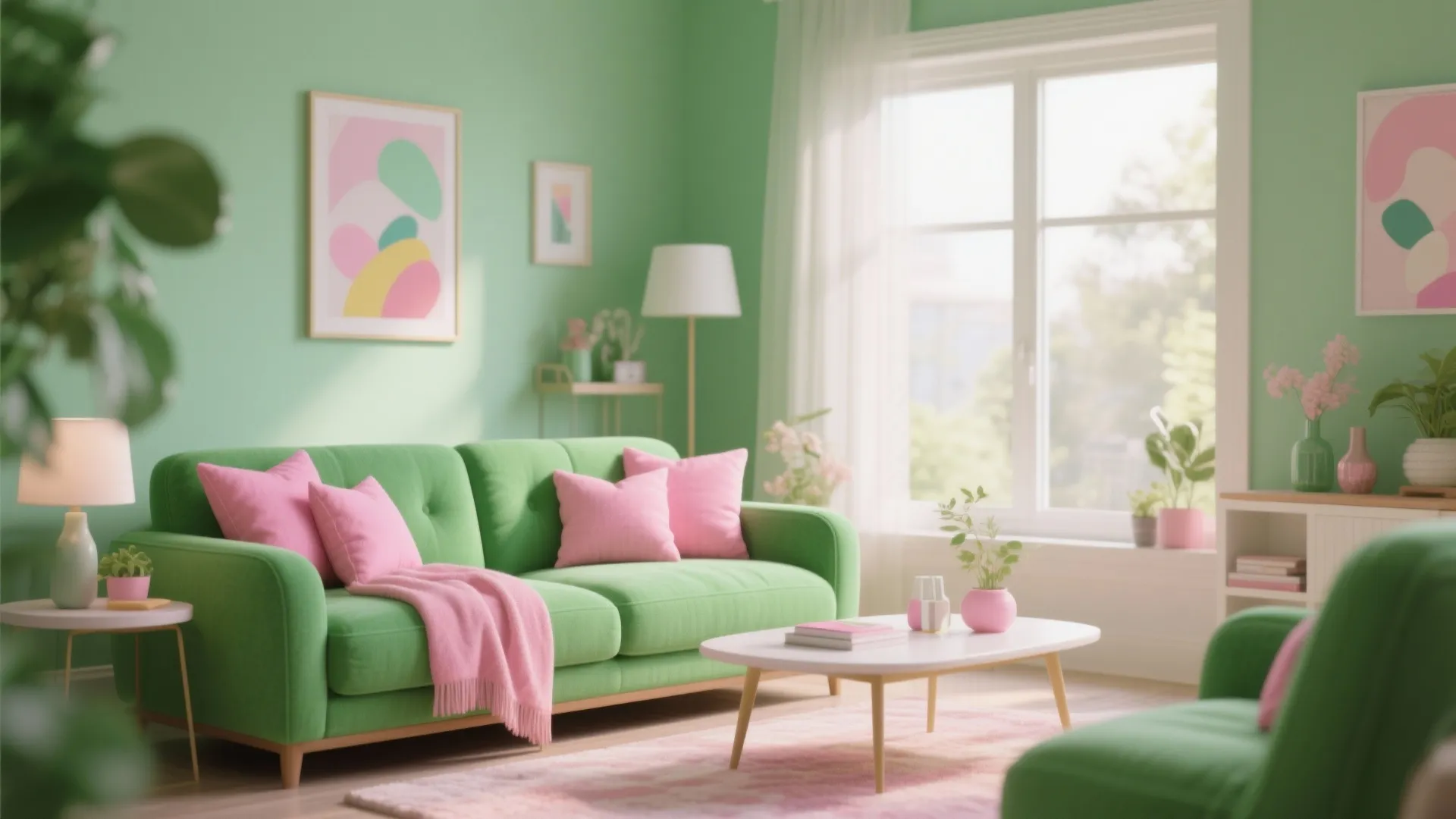 Moss green sofa accented with blush pink cushions