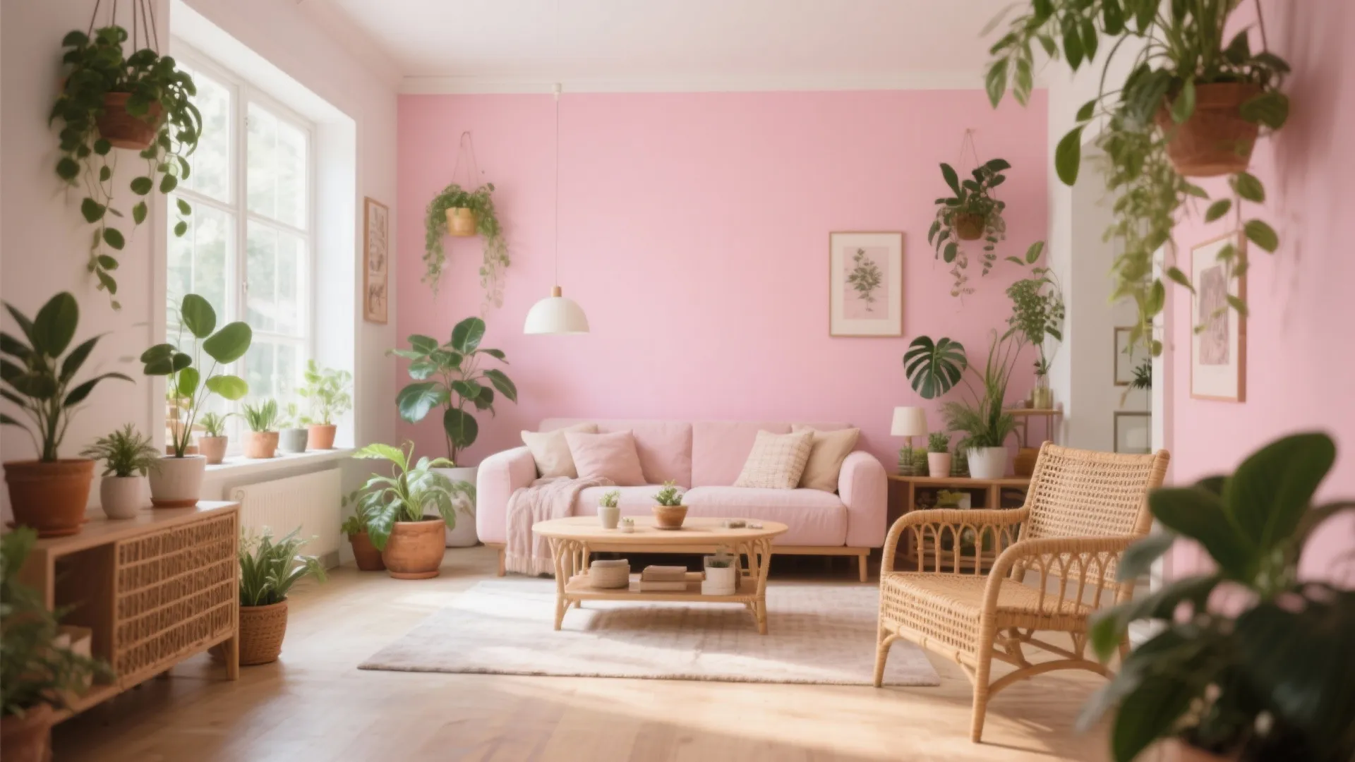 3. Pink Feature Wall with Greenery