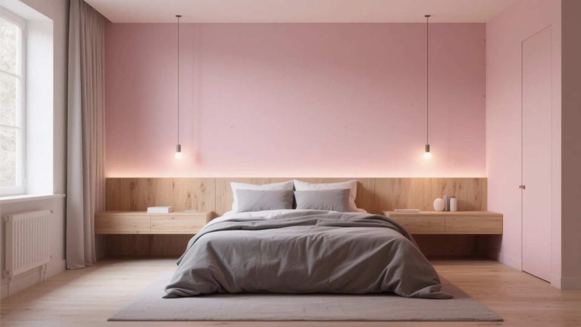Scandinavian bedroom with pink walls and grey bedding