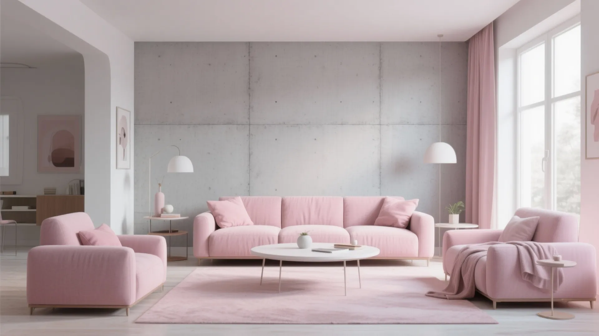 Pink sofa set with grey wall background, round coffee table, pink rug, and white lights