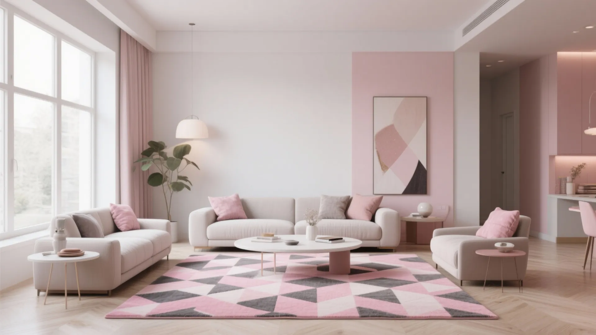 Pink and grey geometric rug in modern living room
