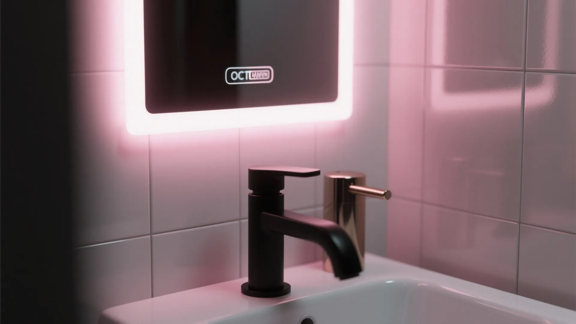 Minimalist bathroom with a pink backlit mirror and matte black fixtures creating a spa-like glow.