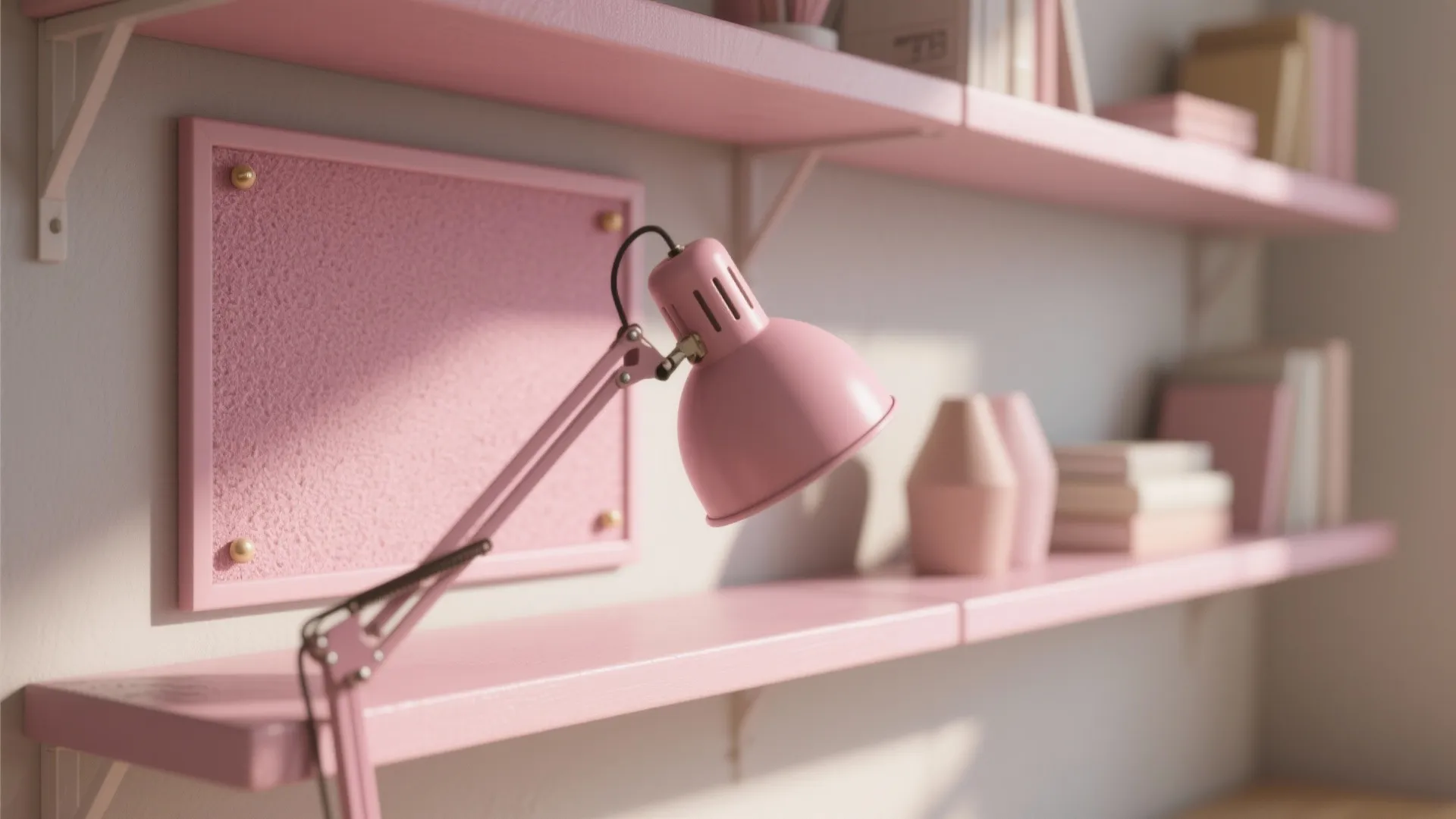 Pink desk lamp and pink pinboard on wall shelves with books and vases in office