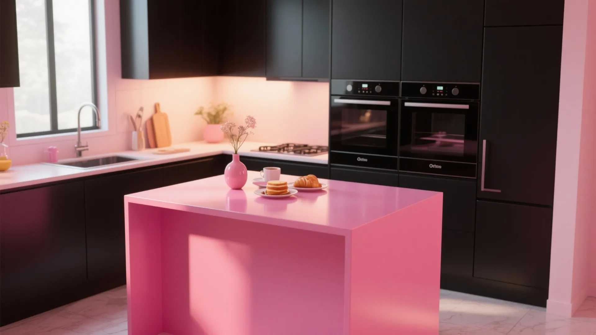 Modern kitchen with pink island table black cabinets double wall oven and pink flower vase