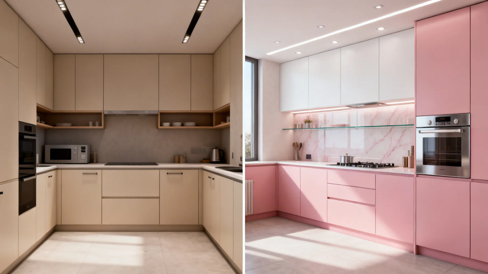 Split view comparing a plain compact kitchen and a pink two-tone redesigned version.