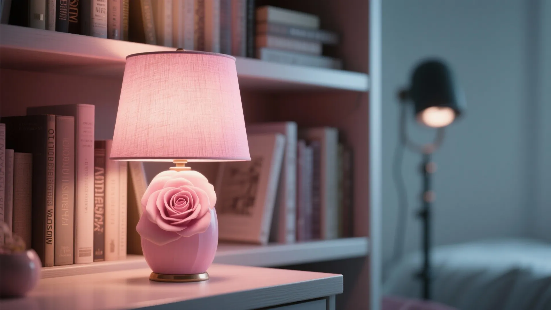 Close-up of a dimmable pink lamp creating a soft halo behind a bookshelf, highlighting warm textures.