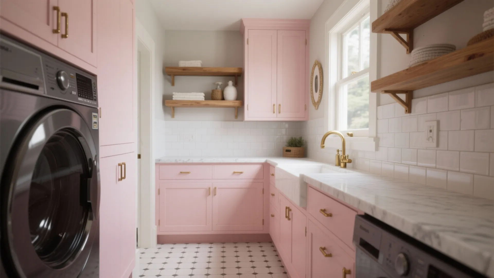Modern pink laundry room with marble countertop golden sink white tiles and wooden wall shelves