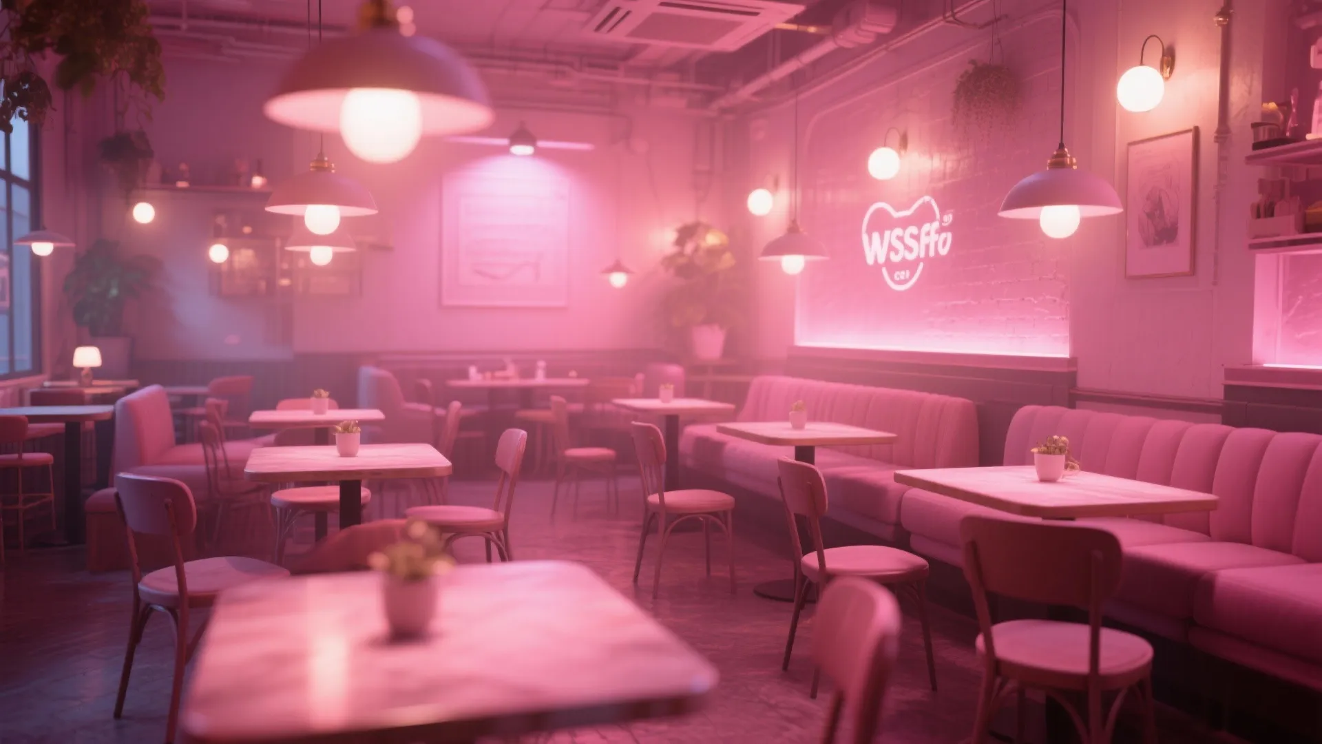 Warm pink lighting casting soft glow in cozy lounge