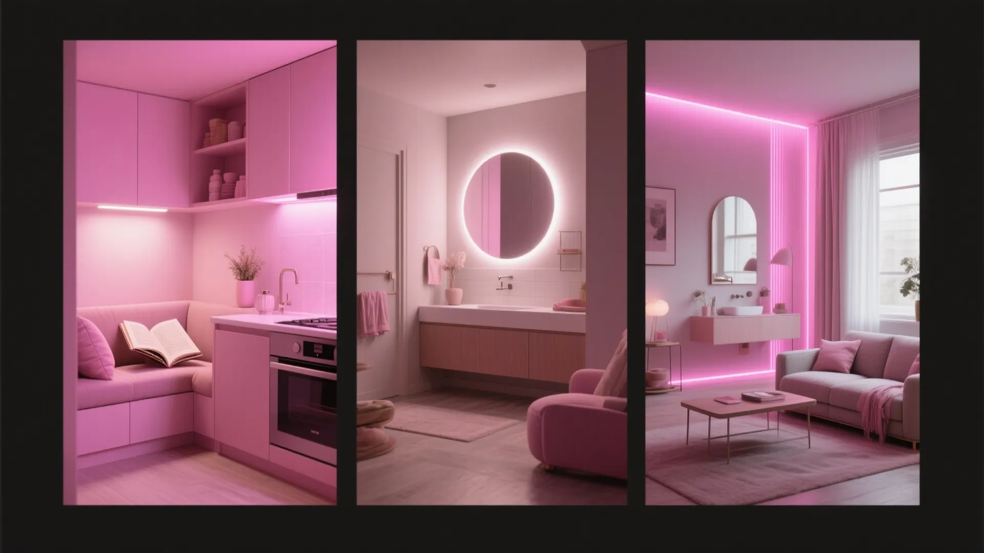 Collage of interior vignettes showing different uses of pink lighting across small spaces.