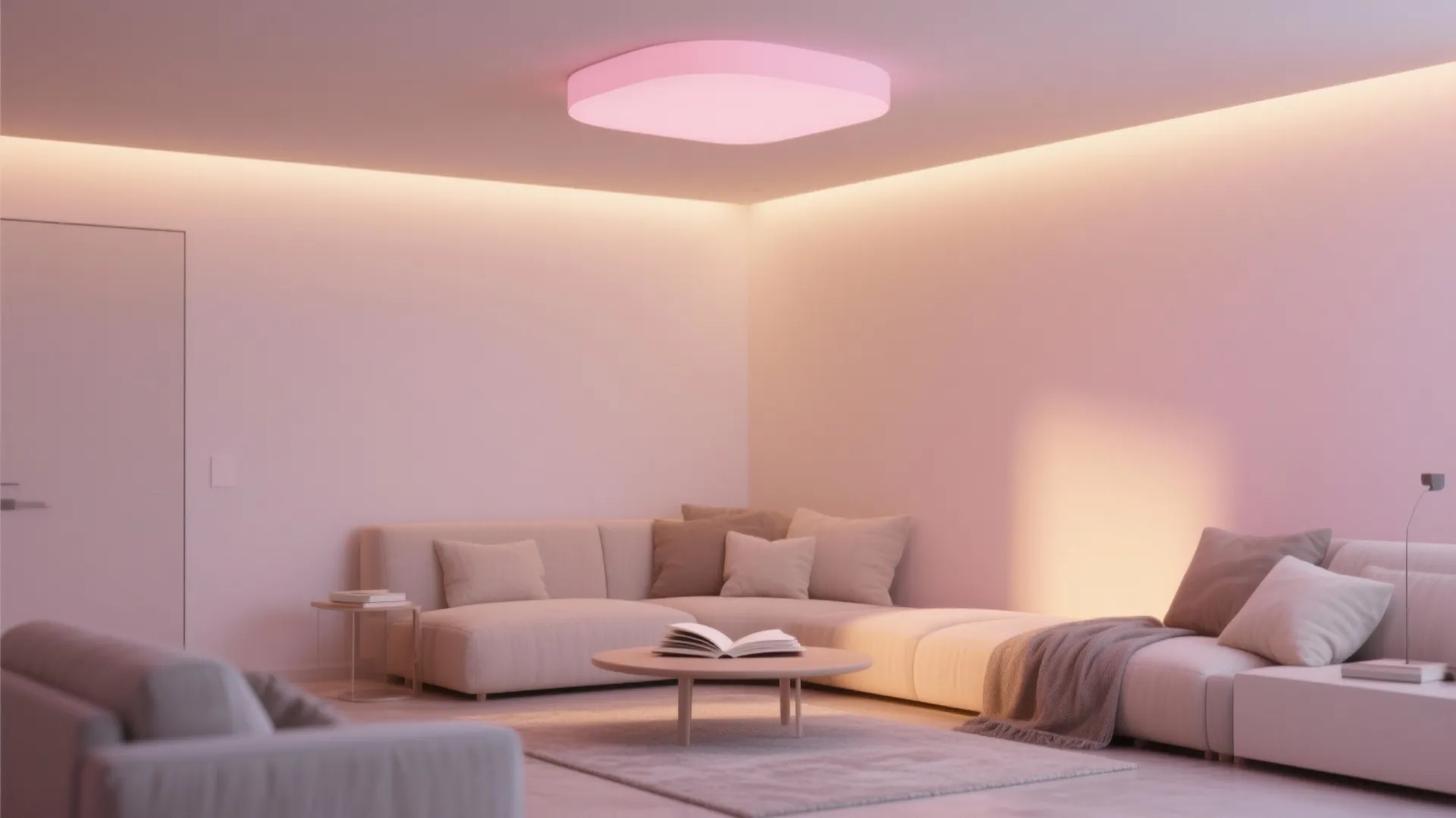 Minimalist living room with large white sofa, round coffee table, warm hidden lighting, pink light