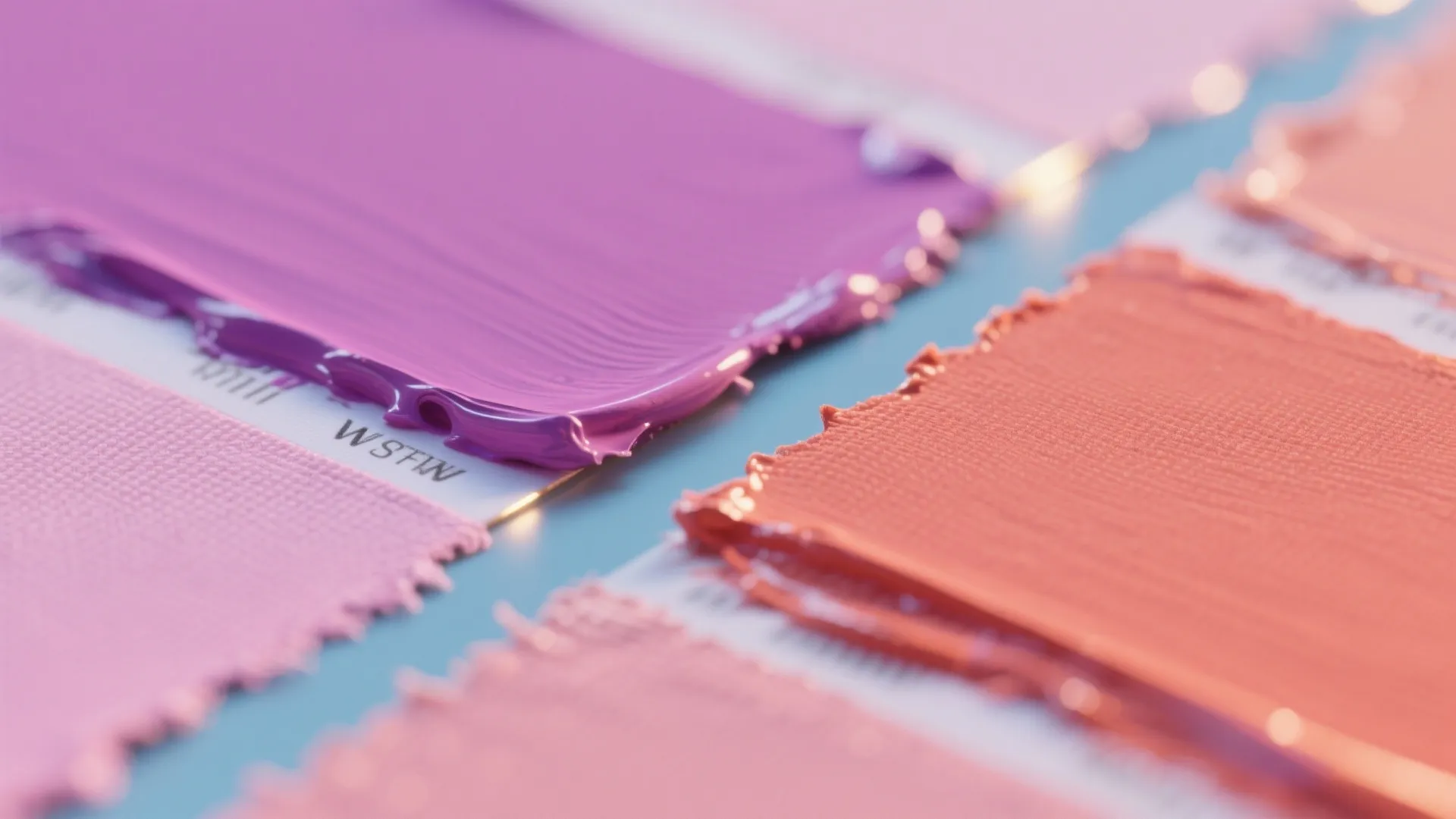 Close up view of pink and orange paint swatches showing thick texture on white paper
