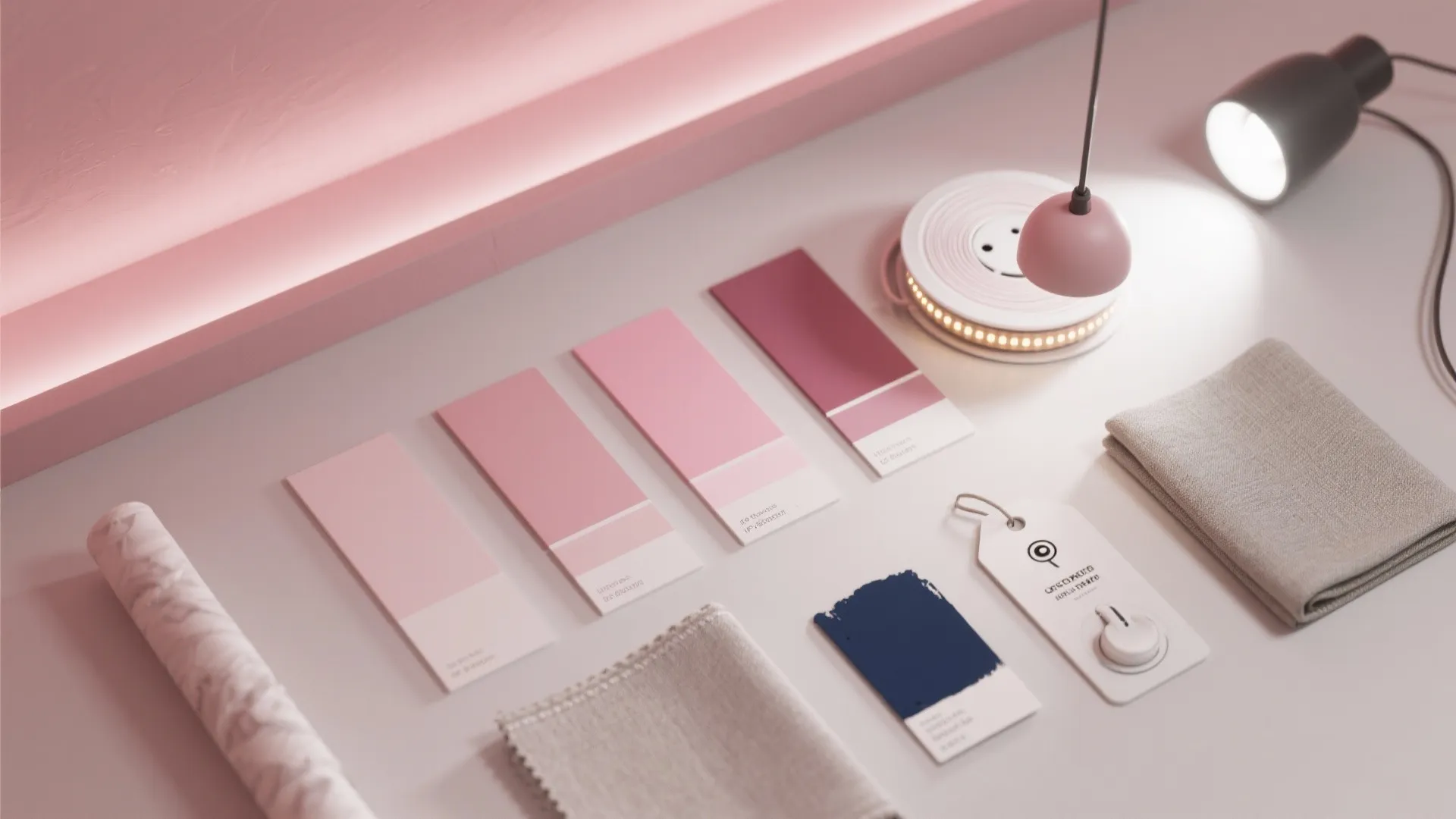 Flatlay of blush pink swatches, LED strip, pendant mockup, dimmer and neutral material samples for planning pink lighting.