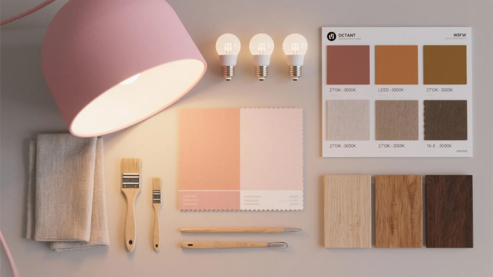 Interior design mood board with pink light fixture color swatches wood samples and three bulbs