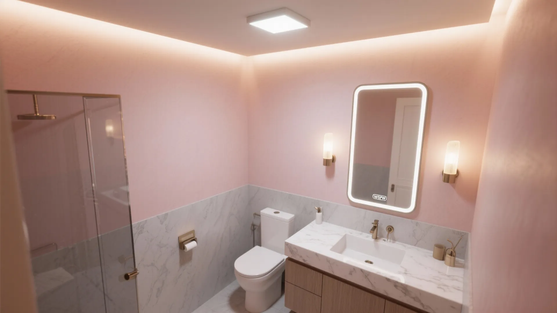 Powdery Pink Walls with Layered Lighting