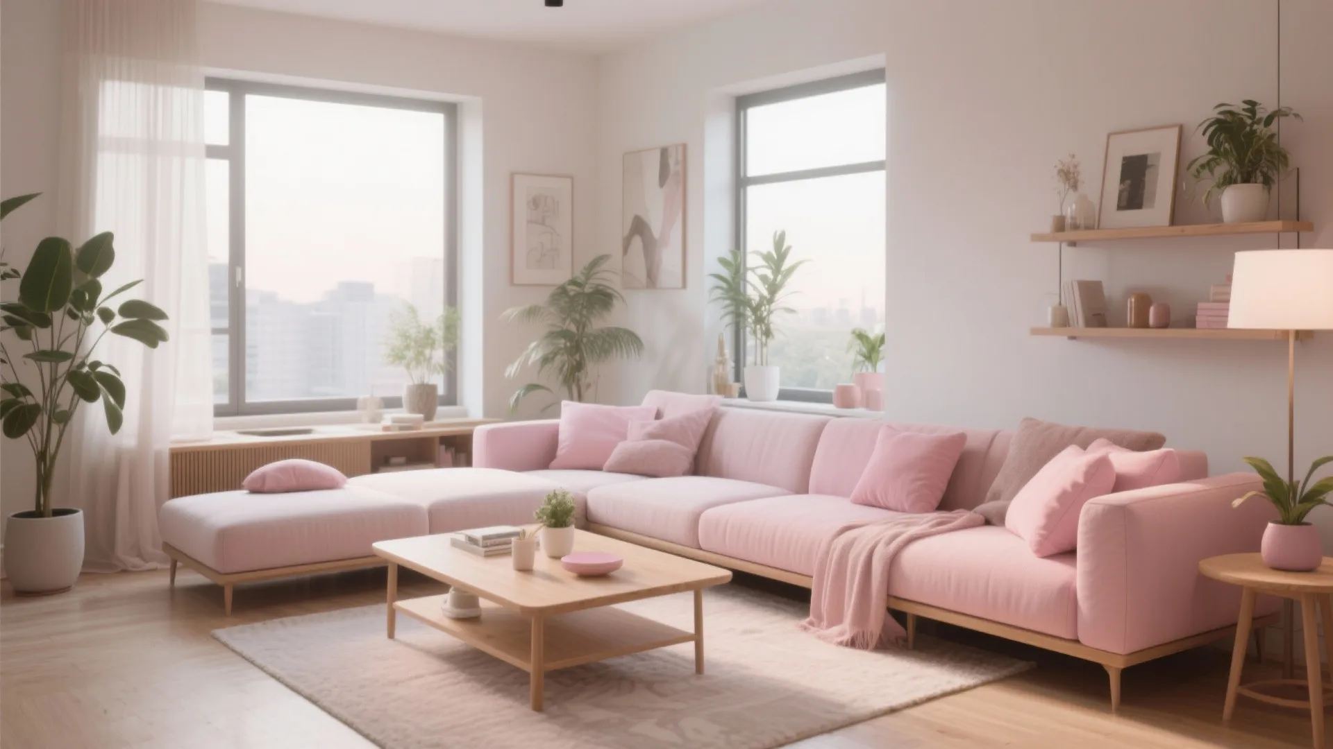 Modern bright living room featuring a large pink sofa wooden coffee table and indoor green plants