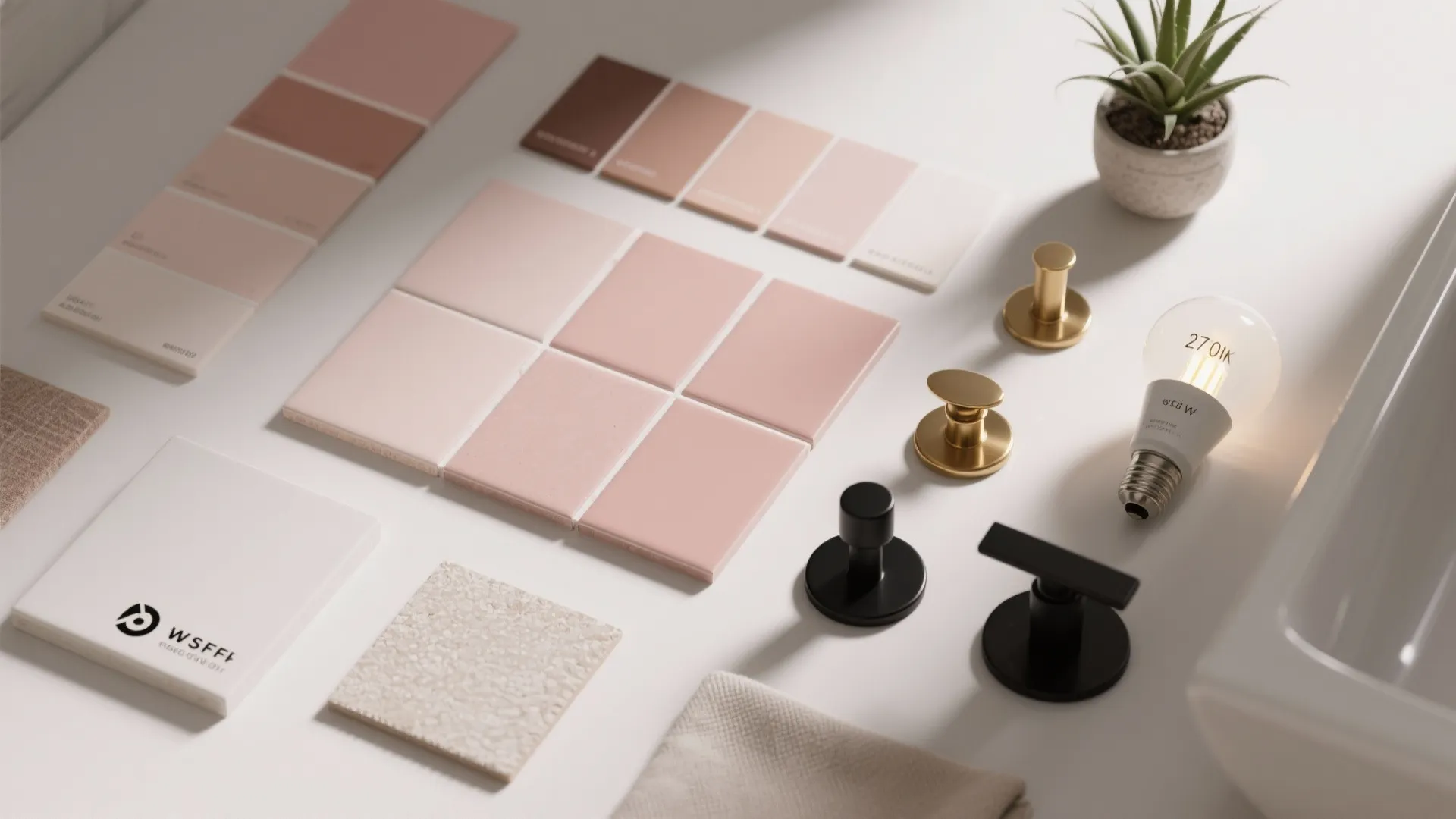 Flatlay of pink paint swatches, grout and tile samples, hardware pieces and a 2700K bulb