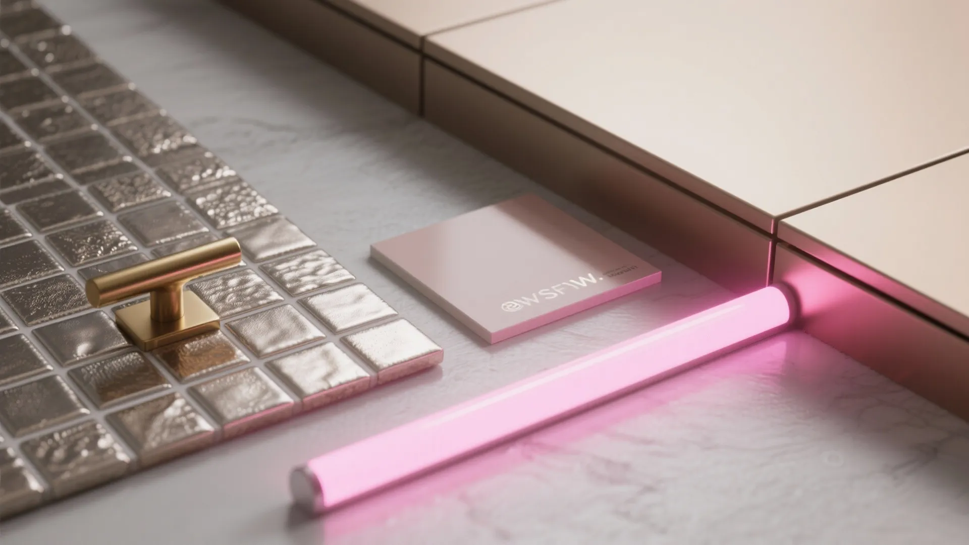 Flatlay of metallic tile, brass pull, glossy cabinet swatch and rose LED strip showing pink reflections.