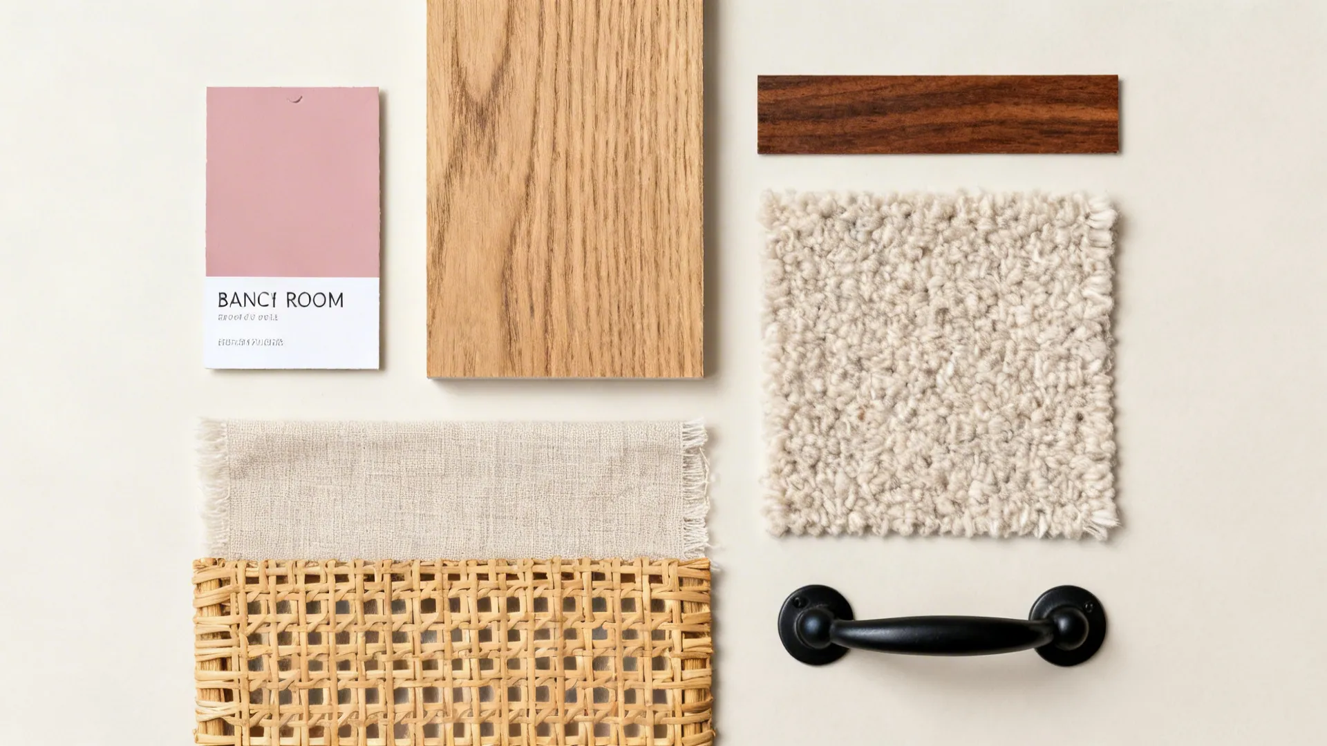 Top-down palette with blush paint chip, oak, walnut, rattan, linen, boucle, and matte black pull.