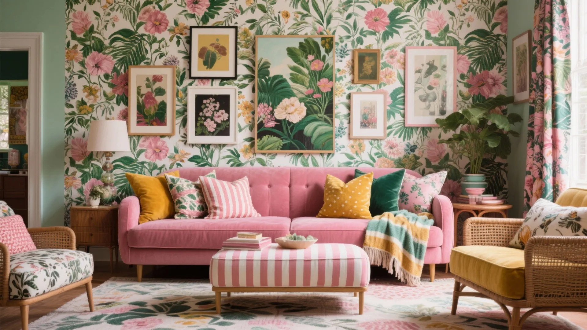 Maximalist living room with pink sofa floral wallpaper gallery wall striped footrest and colorful cushions