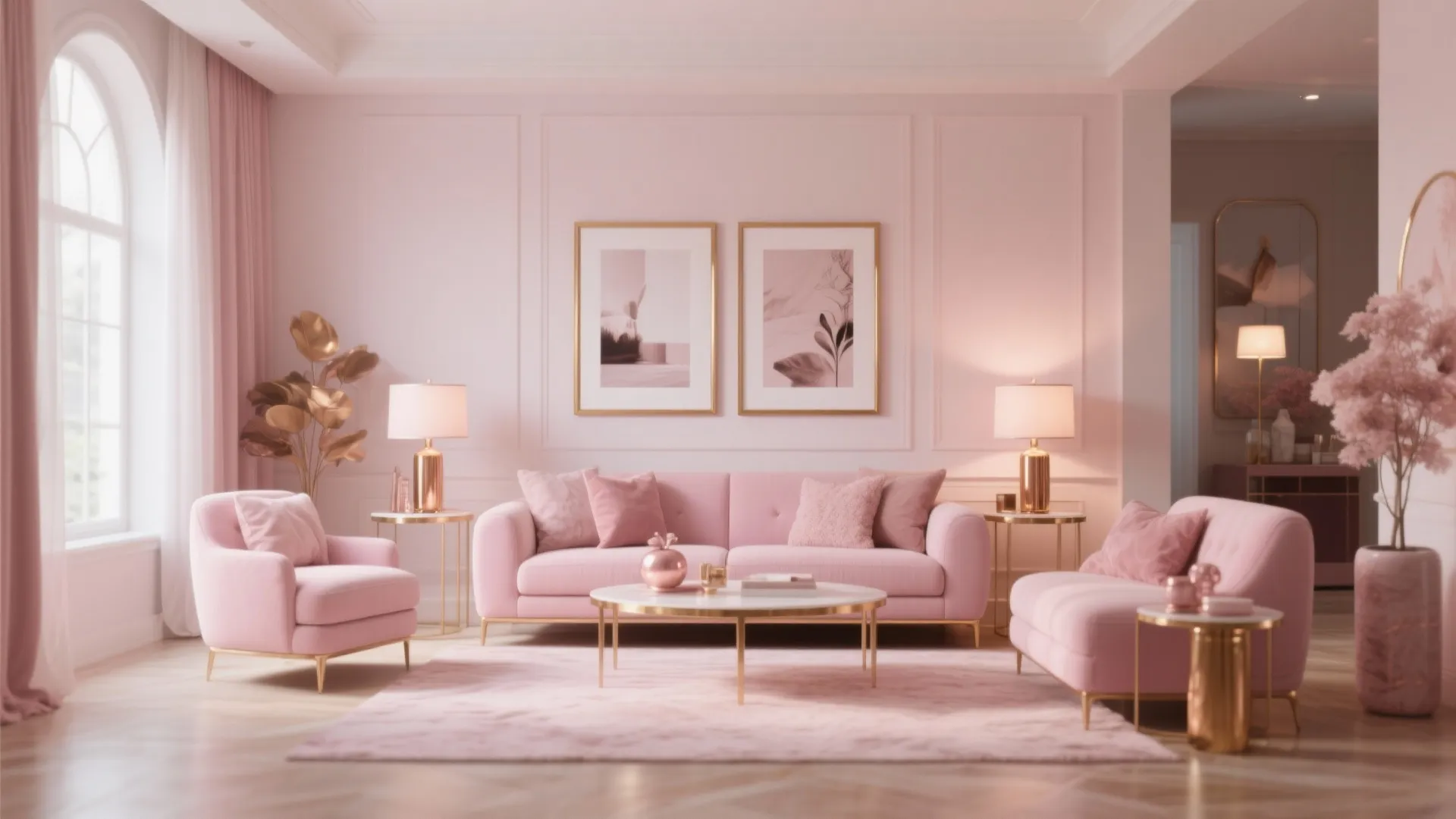 Elegant pink living room featuring gold metal accents soft pink sofa matching chairs and wall panel