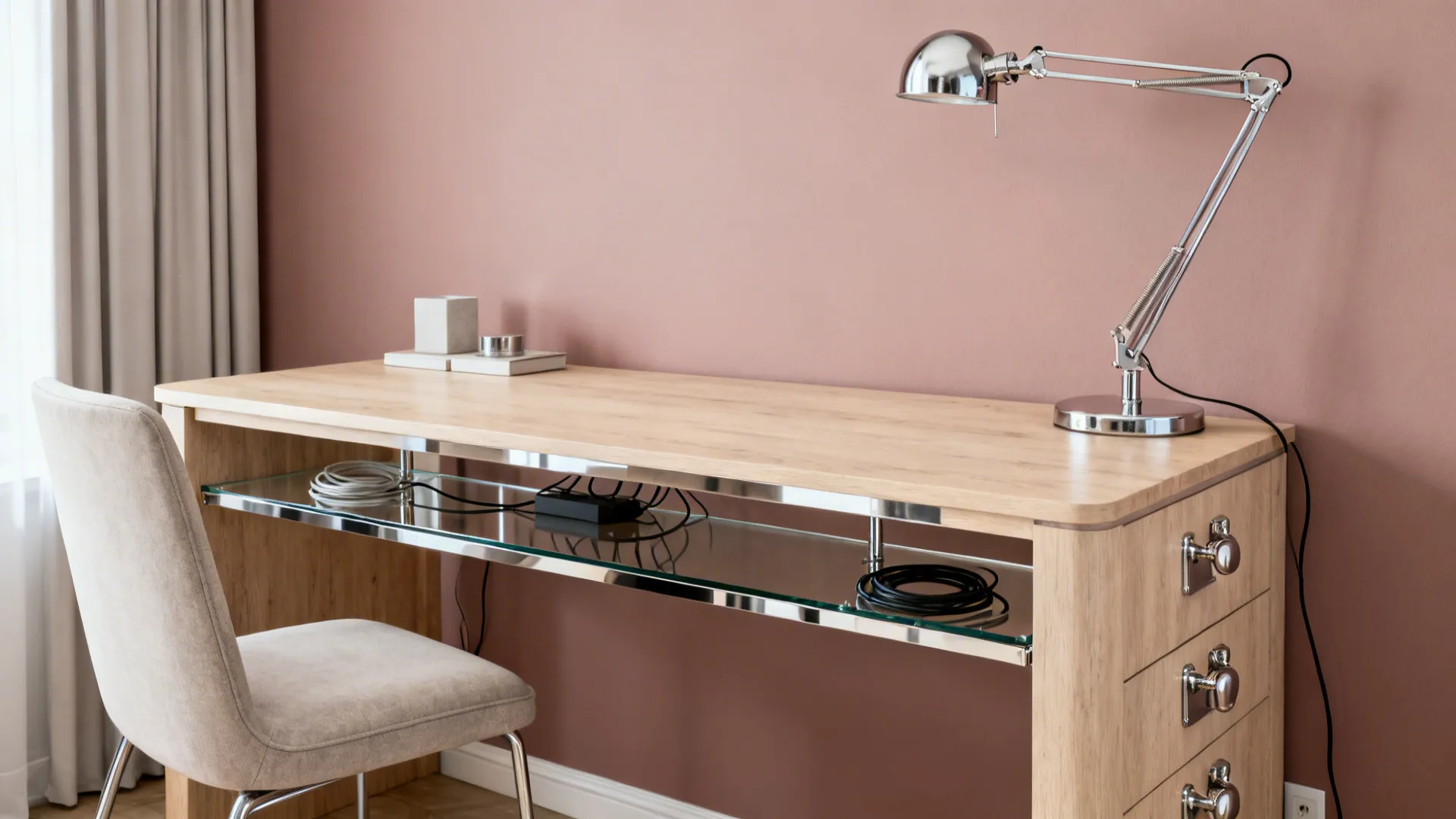 Dusty-rose office with chrome lamp and glass shelf for a crisp, airy look.
