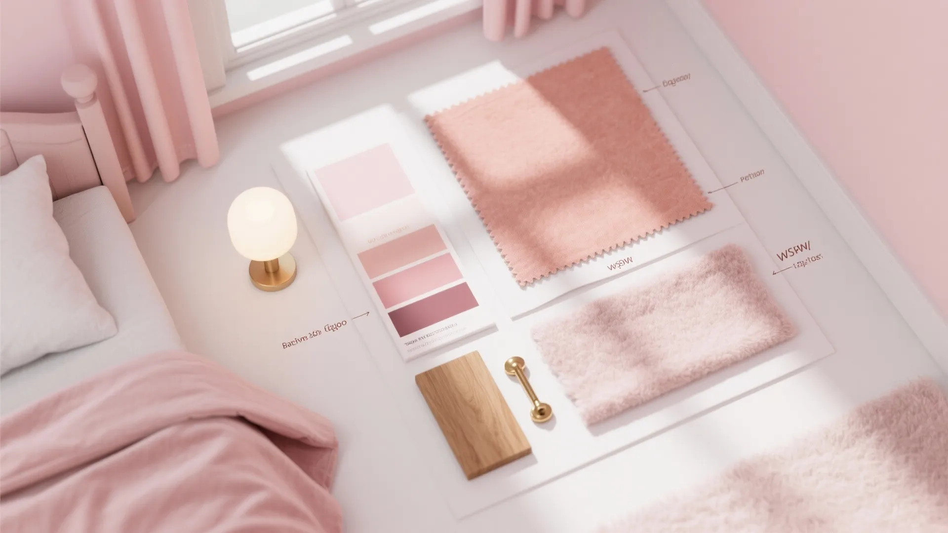 Interior design mood board with pink fabric samples, paint color swatches, wood, and small lamp