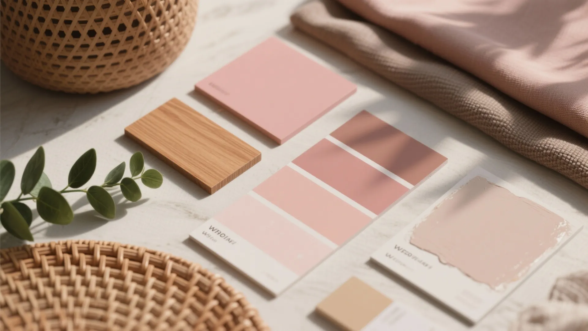 Pink paint color swatches with wood sample fabric and wicker baskets on a white marble