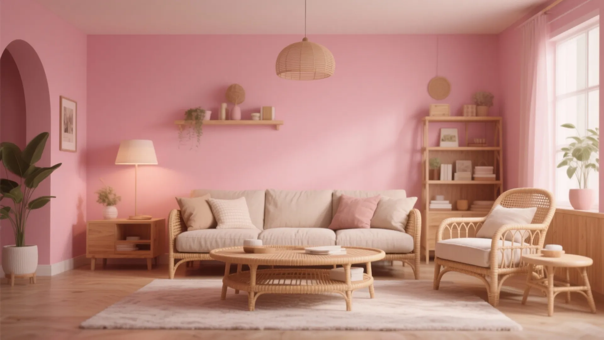 Bohemian living room with pink walls woven ceiling light cream sofa rattan chairs and wooden furniture