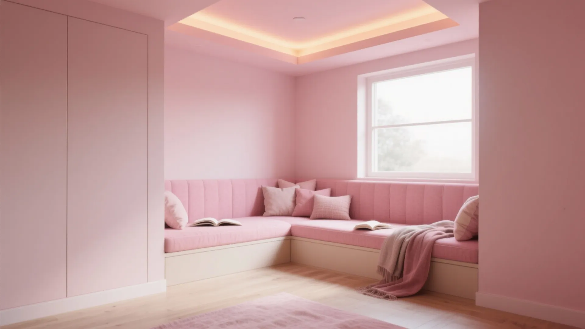 Pink reading nook featuring built-in seating with cushions pillows warm recessed ceiling light and window