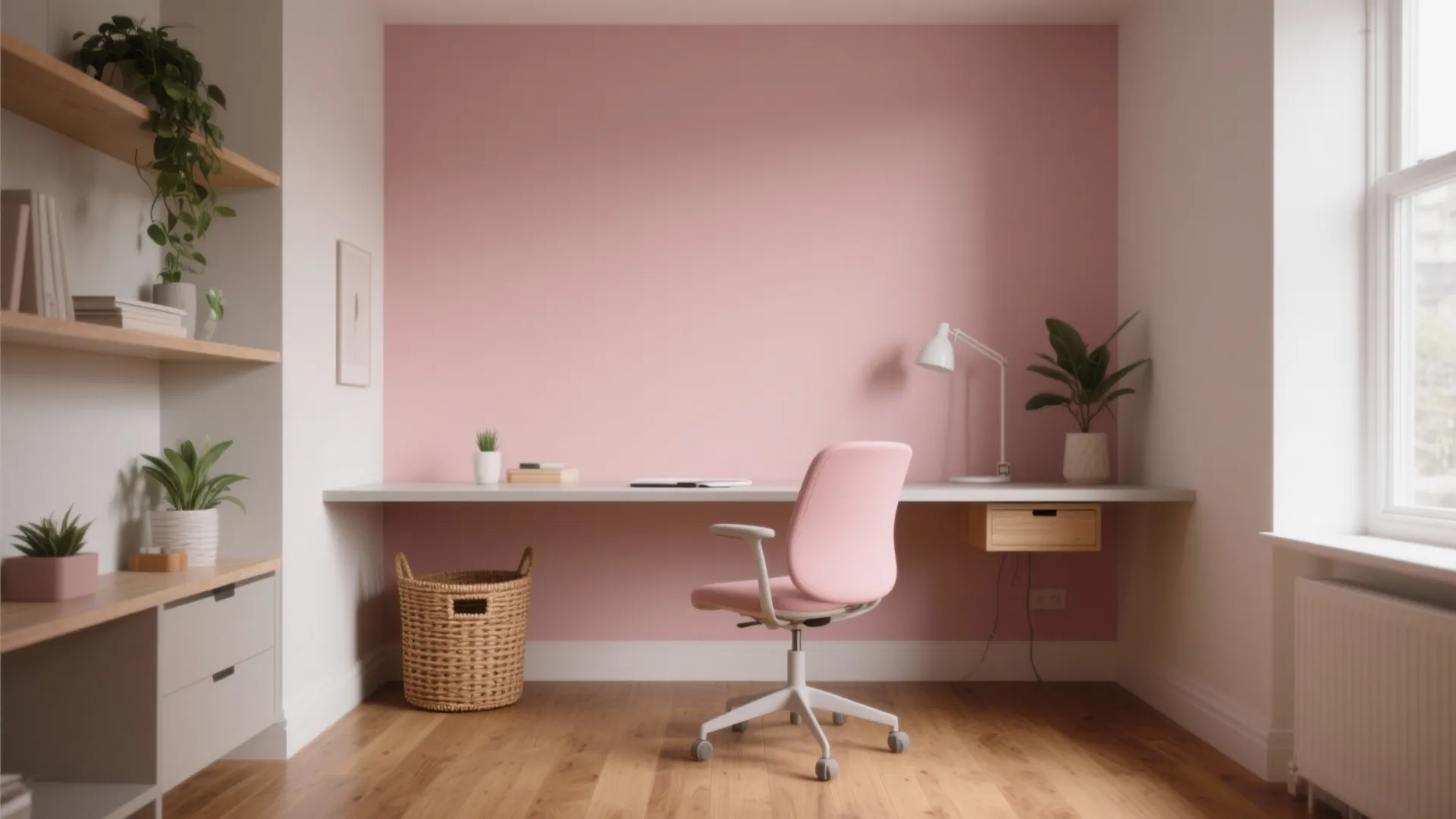 Modern home office with pink wall white desk pink chair wooden floor and green plants