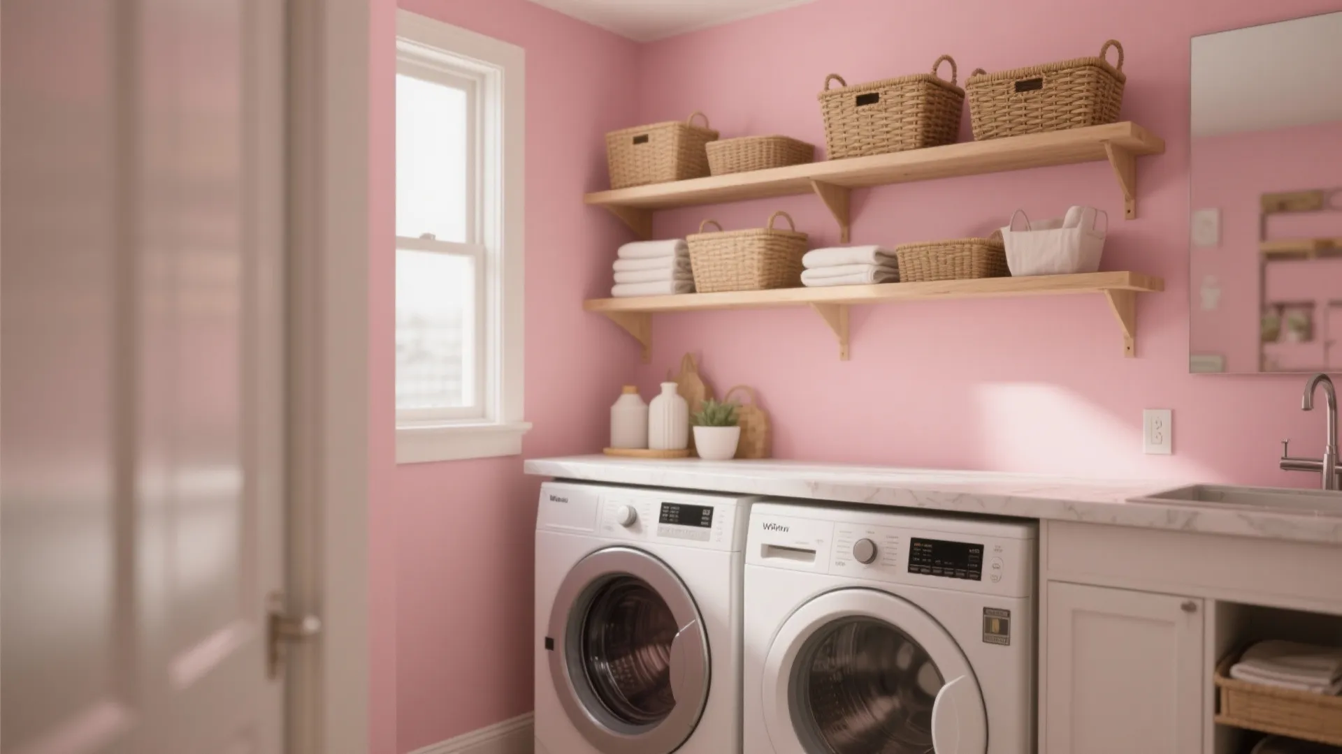 3. Pink Accent Wall with Open Shelving