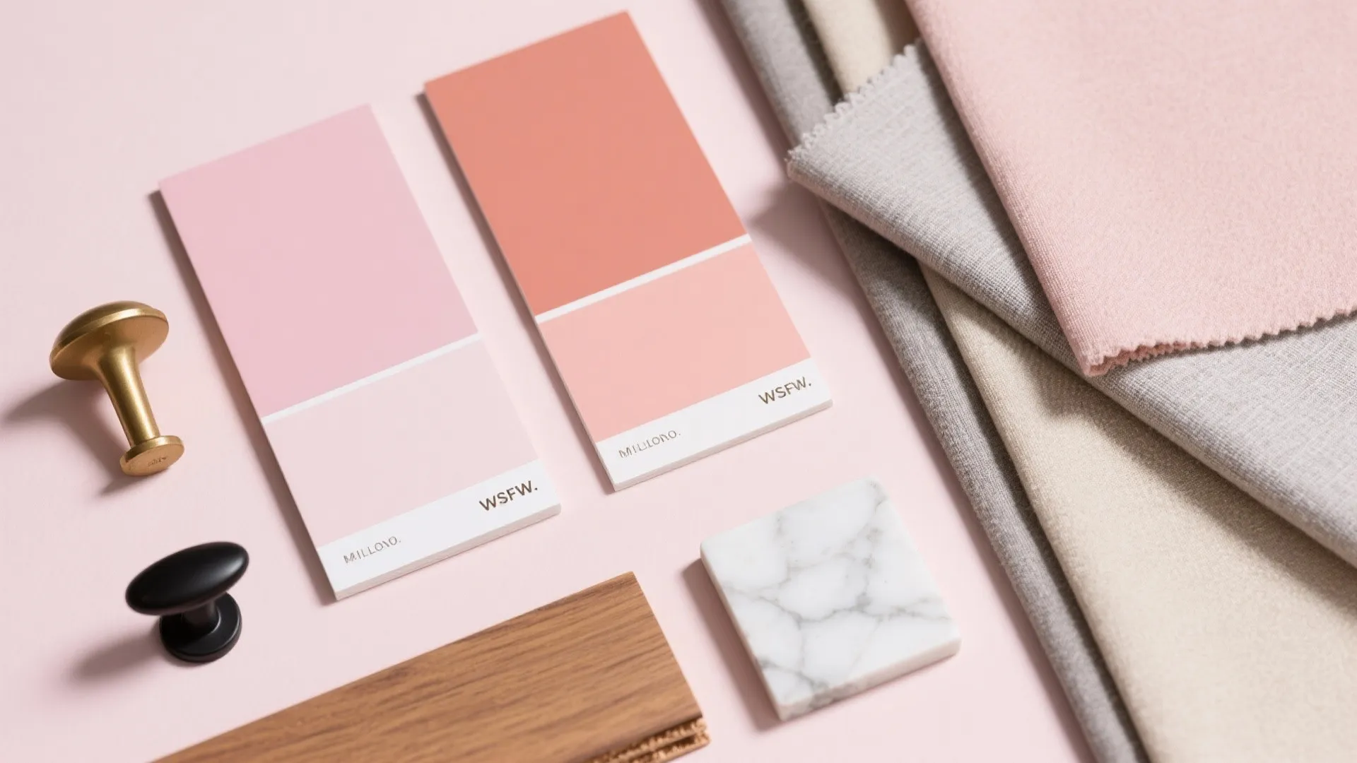Interior design mood board with pink color swatches fabric samples wood flooring and marble stone