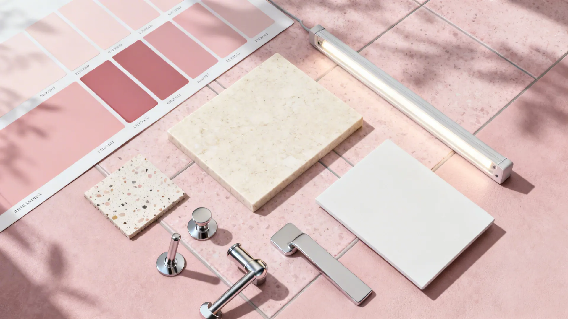 Flat lay of blush swatches, quartz, terrazzo, neutral paint, and metal hardware for a pink kitchen.